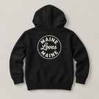 Black Ember Zip Hoodie with vintage white Maine Loves Maine back logo
