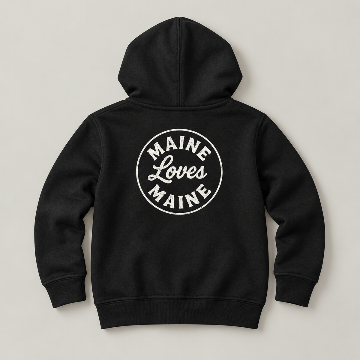 Black Ember Zip Hoodie with vintage white Maine Loves Maine back logo