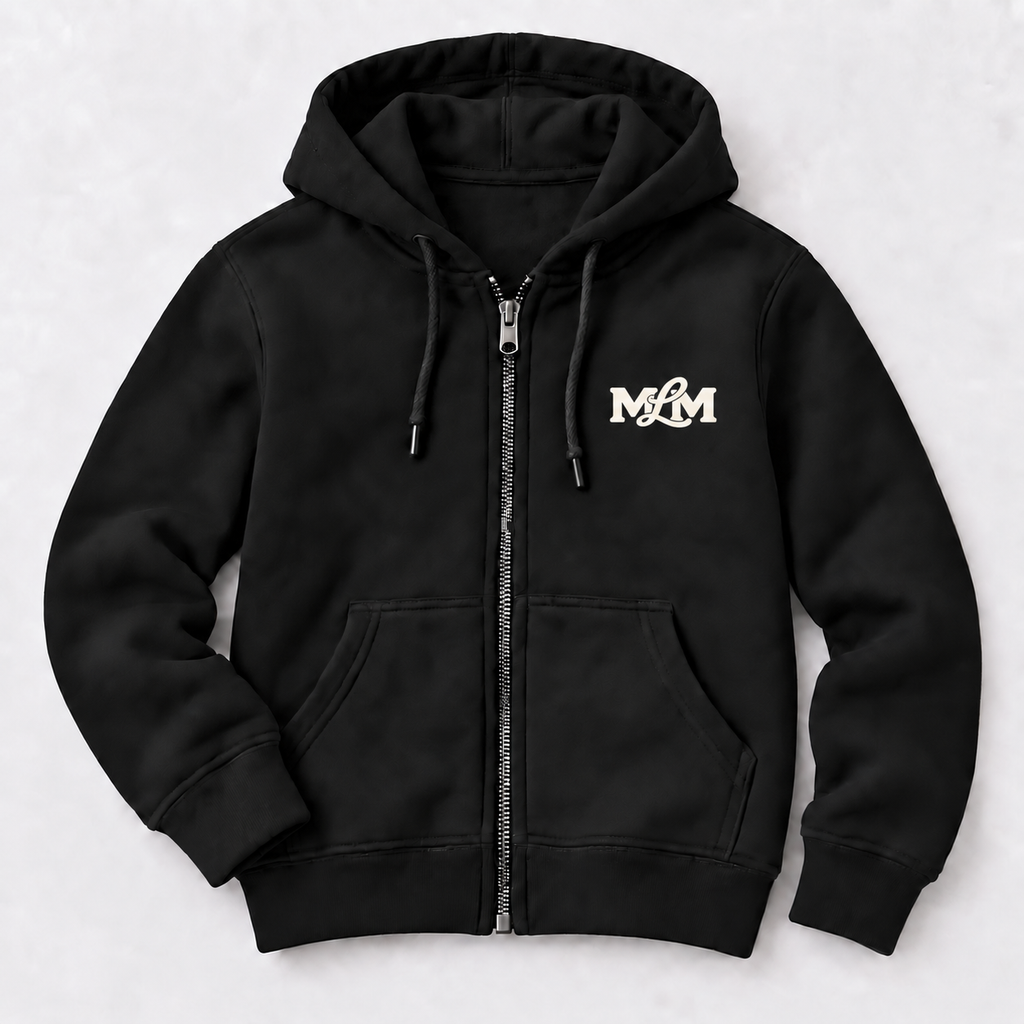 The Ember Zip Hoodie in black with vintage white Maine Loves Maine monogram