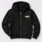The Ember Zip Hoodie in black with vintage white Maine Loves Maine monogram
