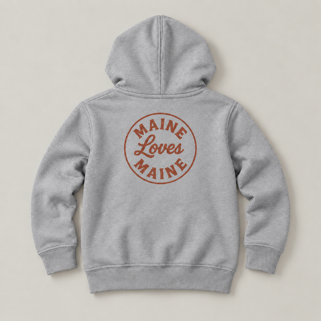 Gray Ember Zip Hoodie with rust Maine Loves Maine back logo