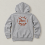 Gray Ember Zip Hoodie with rust Maine Loves Maine back logo