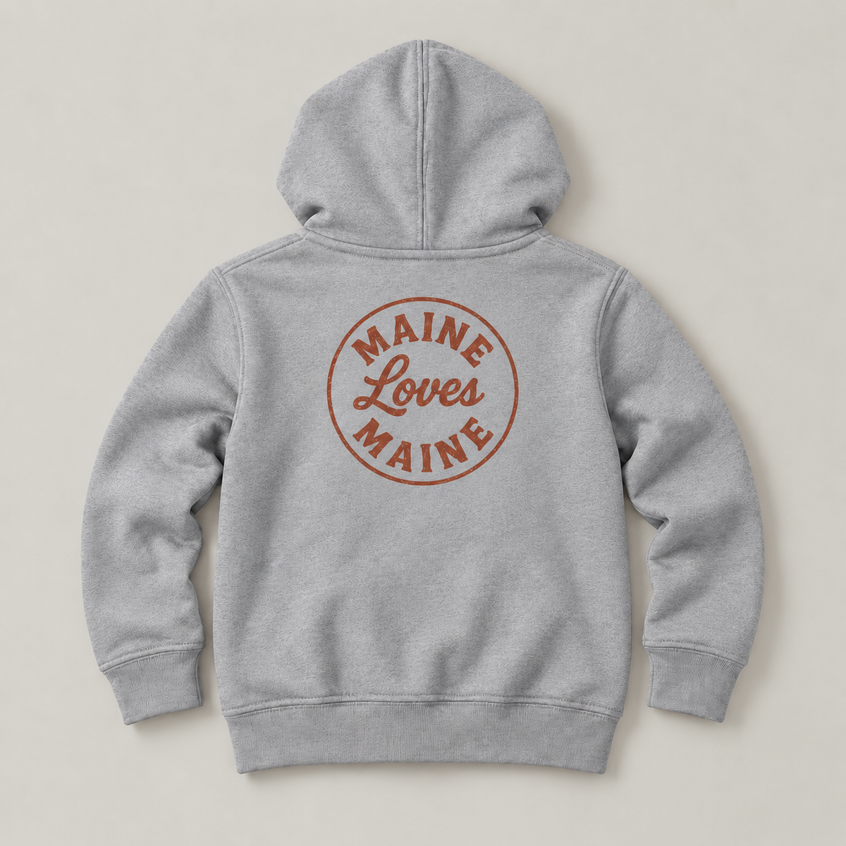 Gray Ember Zip Hoodie with rust Maine Loves Maine back logo