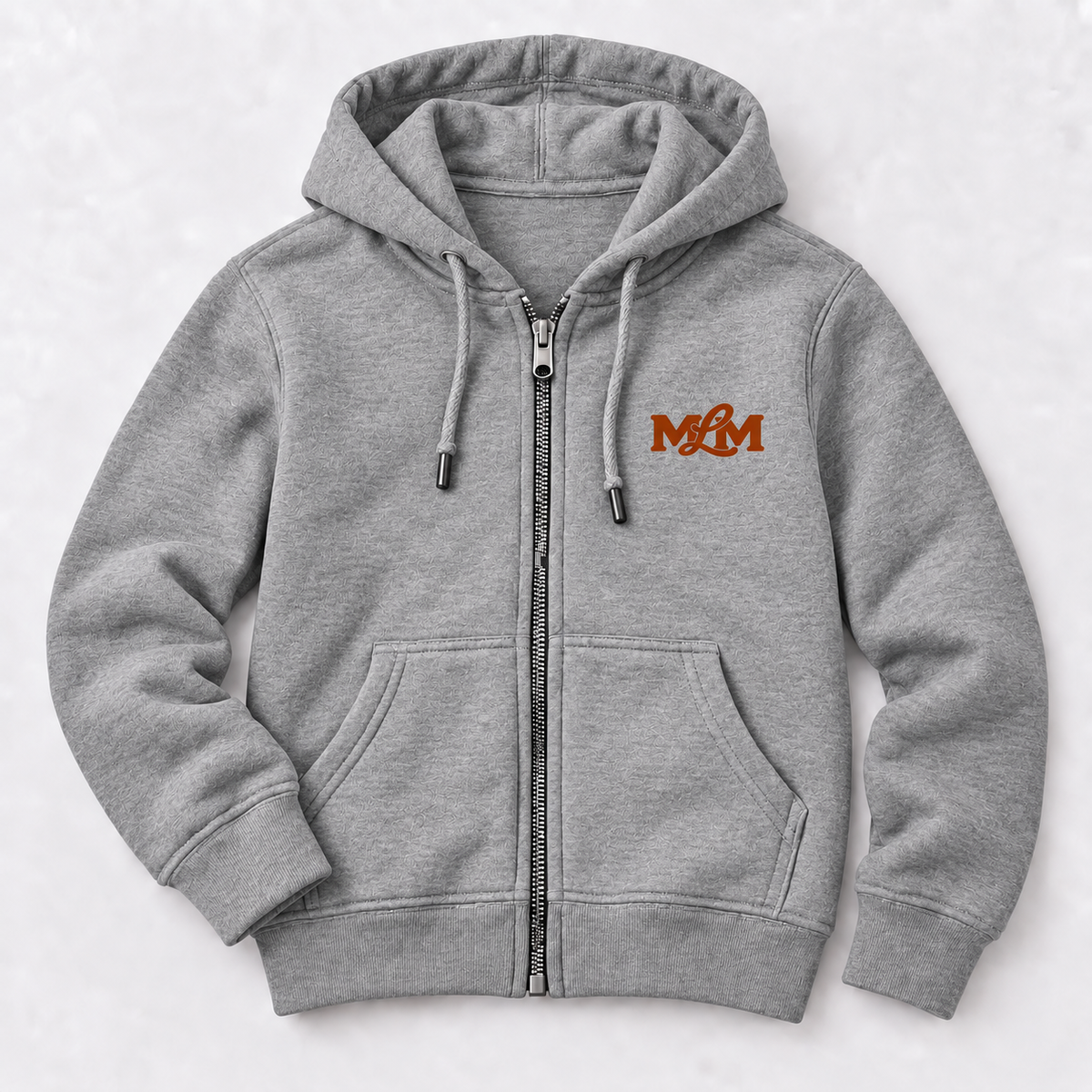 Gray Ember Zip Hoodie with rust Maine Loves Maine monogram