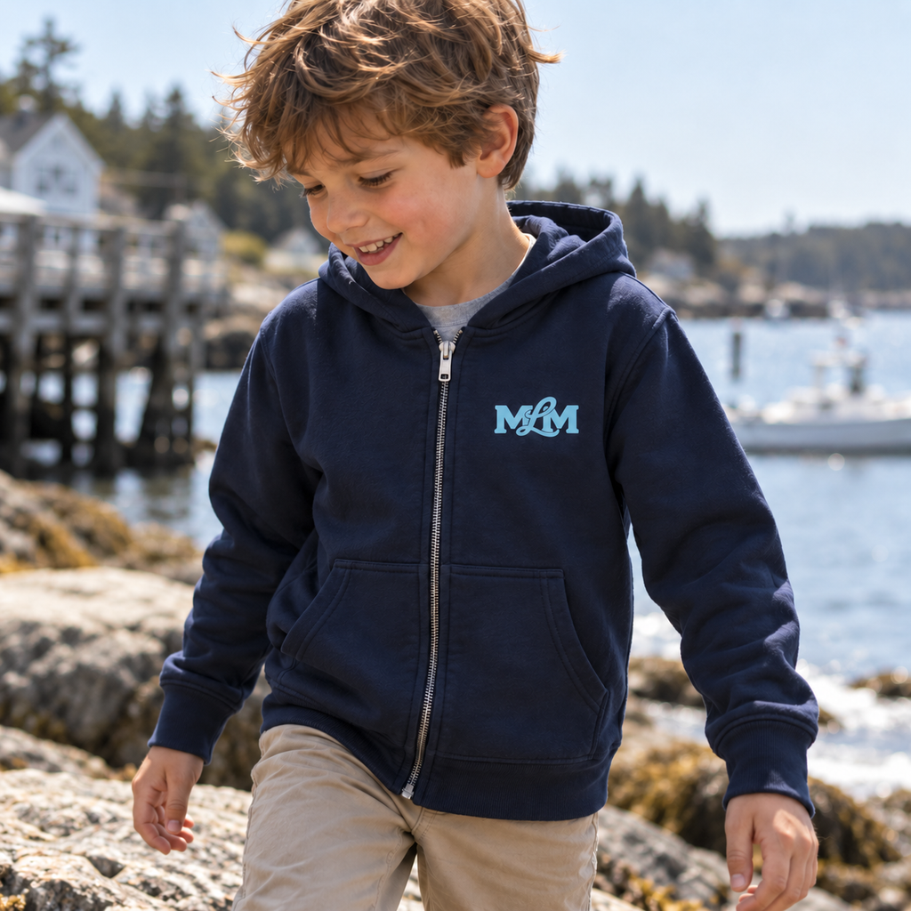 Navy Ember Zip Hoodie with Ocean Spray Maine Loves Maine monogram by the harbor