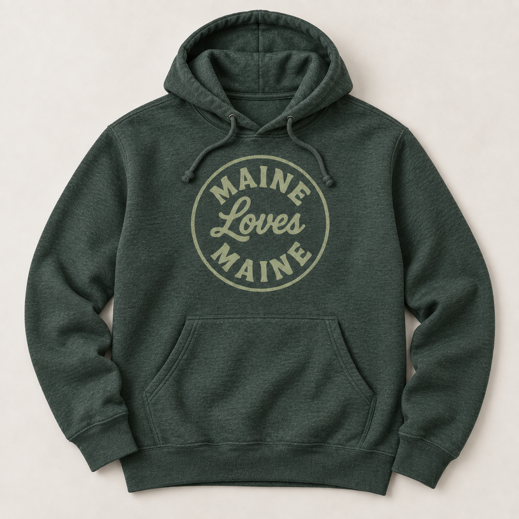 The Harbor Hoodie in Heather Forest with sage Maine Loves Maine circle logo, flat lay