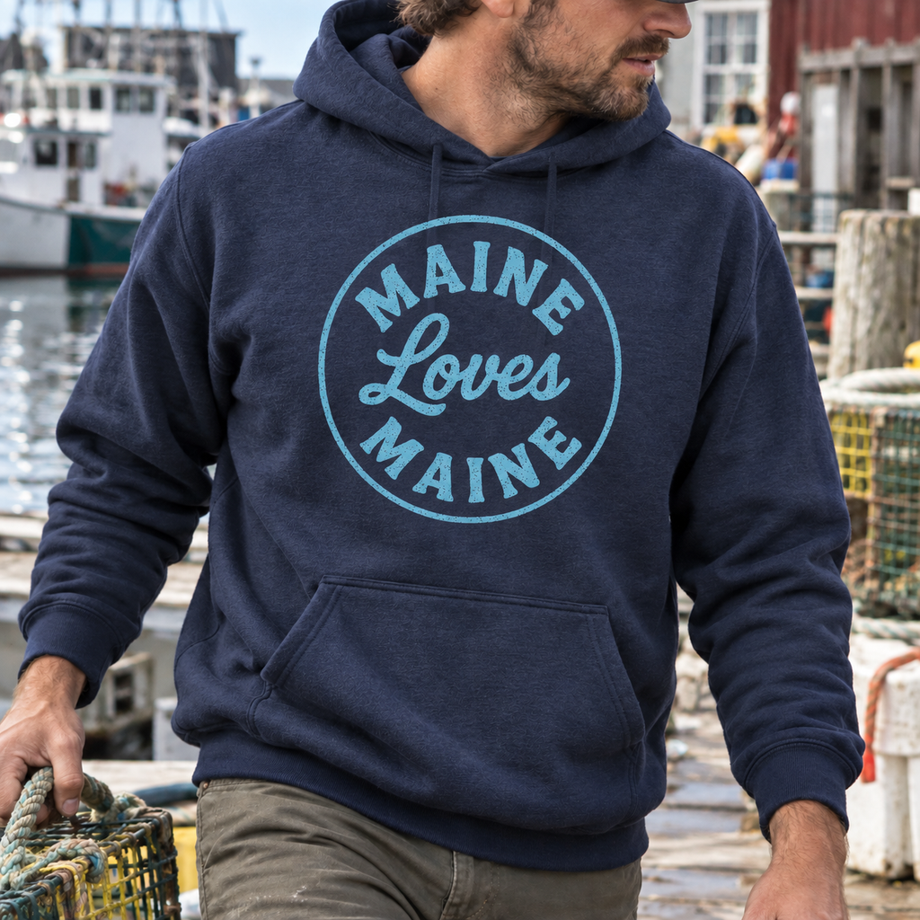 The Harbor Hoodie in Heather Navy with Ocean Spray Maine Loves Maine circle logo, men’s lifestyle photo